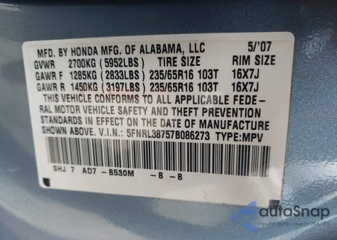 2007 Honda Odyssey Ex-L from USA, damaged, VIN 5FNRL38757B086273